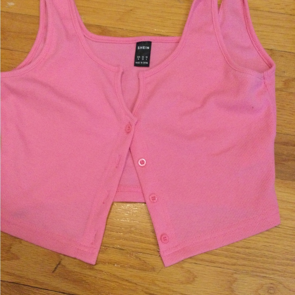SHEIN Pink Ribbed Button Crop Tank